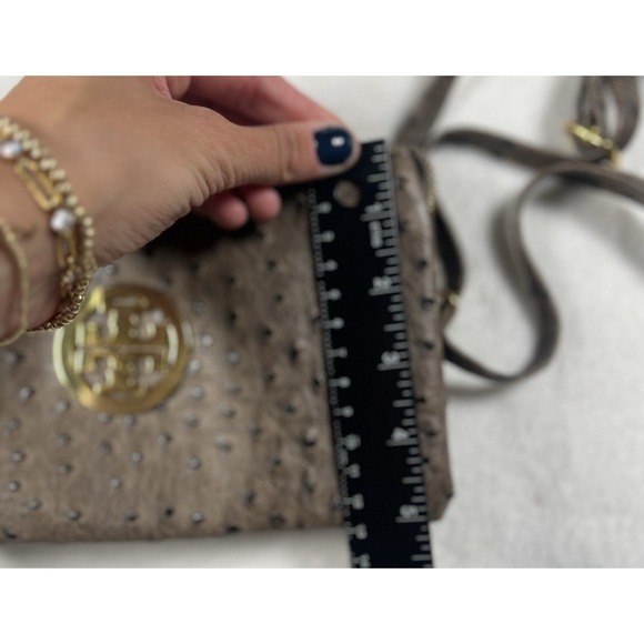 WOMEN'S CROSSBODY OSTRICH‎ EFFECT CLUTCH  HANDBAG, KHAKI, NEW GOLD HARDWARE - Picture 5 of 11